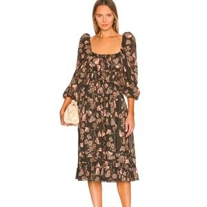 Ulla Johnson Isla Dress Womens 4 Green Floral Tiered Puff Sleeve‎ Boho Prairie